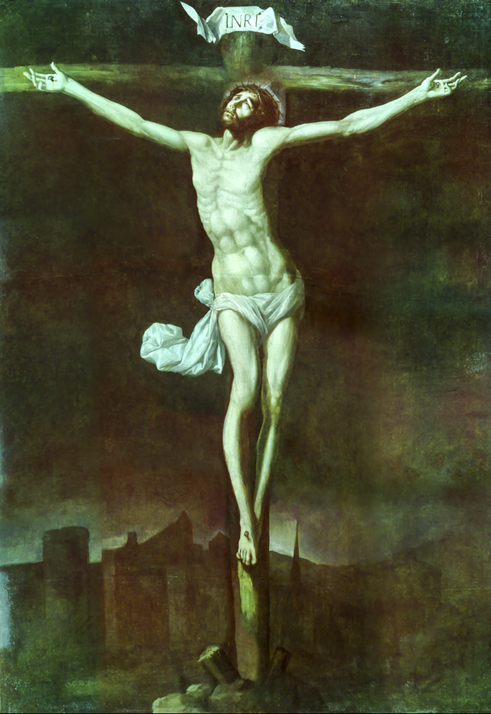 Sebastián de Arteaga, <em>Cristo en la cruz</em>, 245 x 190 cm, s/f,  óleo sobre tela, México, Museo Nacional de Arte. Fotografía infrarroja de falso color. Foto: Isaac Rangel, 2018.