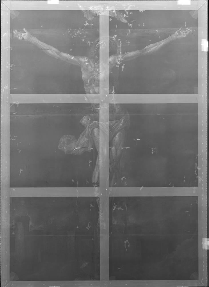 Sebastián de Arteaga, <em>Cristo en la cruz</em>, 245 x 190 cm, s/f, óleo sobre tela, México, Museo Nacional de Arte. Rayos X: Oscar de Lucio, 2019. Edición digital de imagen: Eumelia Hernández, 2020.