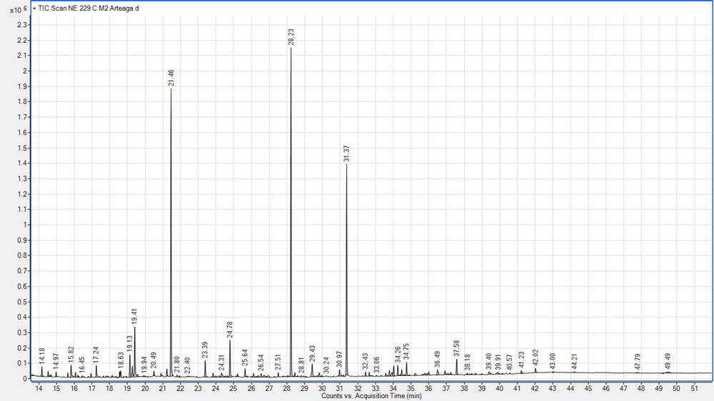 Cromatograma con el perfil de compuestos identificados mediante cromatografía de gases acoplada a espectrometría de masas.