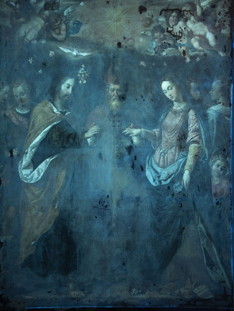 Sebastián de Arteaga, <em>Los desposorios de la Virgen</em>, 223 x 170 cm, s/f, óleo sobre tela, México, Museo Nacional de Arte. Fotografía de luz ultravioleta reflejada: Eumelia Hernández, 2019.