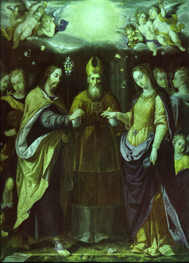 Sebastián de Arteaga, <em>Los desposorios de la Virgen</em>, 223 x 170 cm, s/f,  óleo sobre tela, México, Museo Nacional de Arte. Fotografía infrarroja de falso color. Foto: Isaac Rangel, 2018.