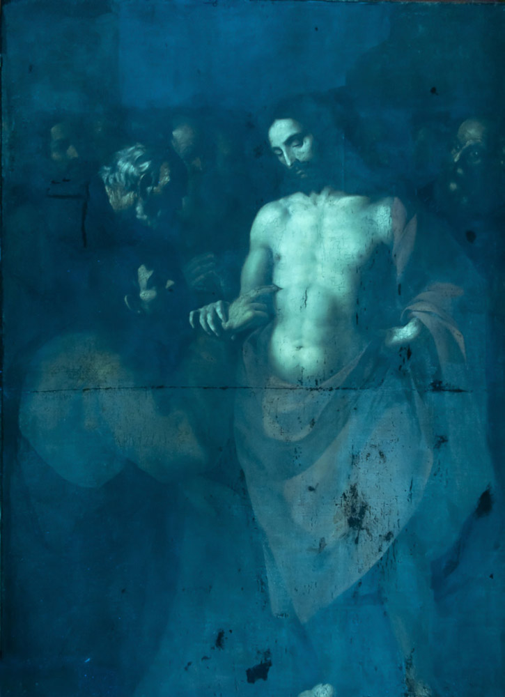 Sebastián de Arteaga, <em>La incredulidad de santo Tomás</em> 223.5 x 156 cm, ca. 1646, óleo sobre tela, México, Museo Nacional de Arte. Fotografía de luz ultravioleta reflejada: Eumelia Hernández, 2019.