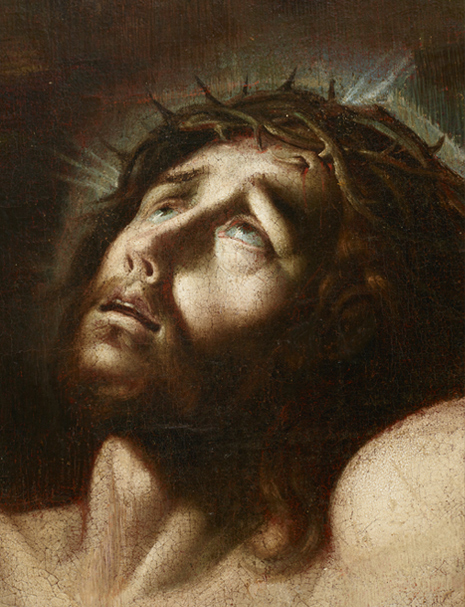 Detalle de la cabeza de Cristo, con la mirada suplicante.