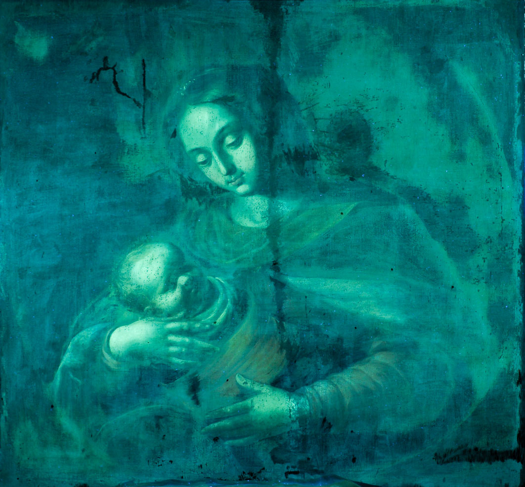 Sebastián de Arteaga, <em>La Virgen y el Niño</em>, 92.5 x 97.4 cm, ca. 1640, óleo sobre tela, México, Museo Nacional de Arte. Fotografía de luz ultravioleta reflejada: Eumelia Hernández, 2019.