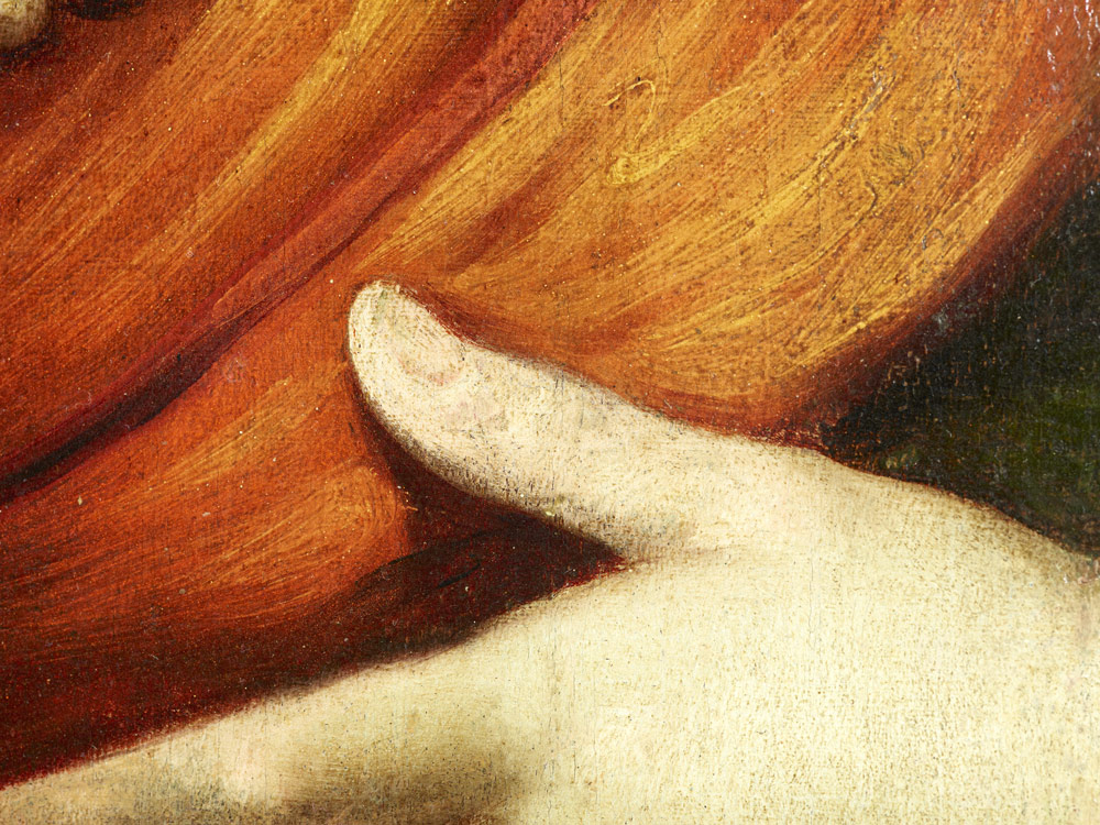 Macrodetalle del pulgar izquierdo de María (forma corregida por el artista)