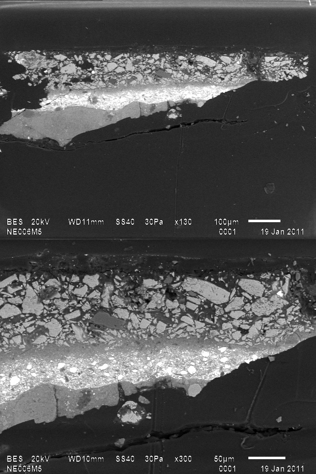 Muestra 5, imagen de electrones retrodispersados (MEB), 130 y 300X